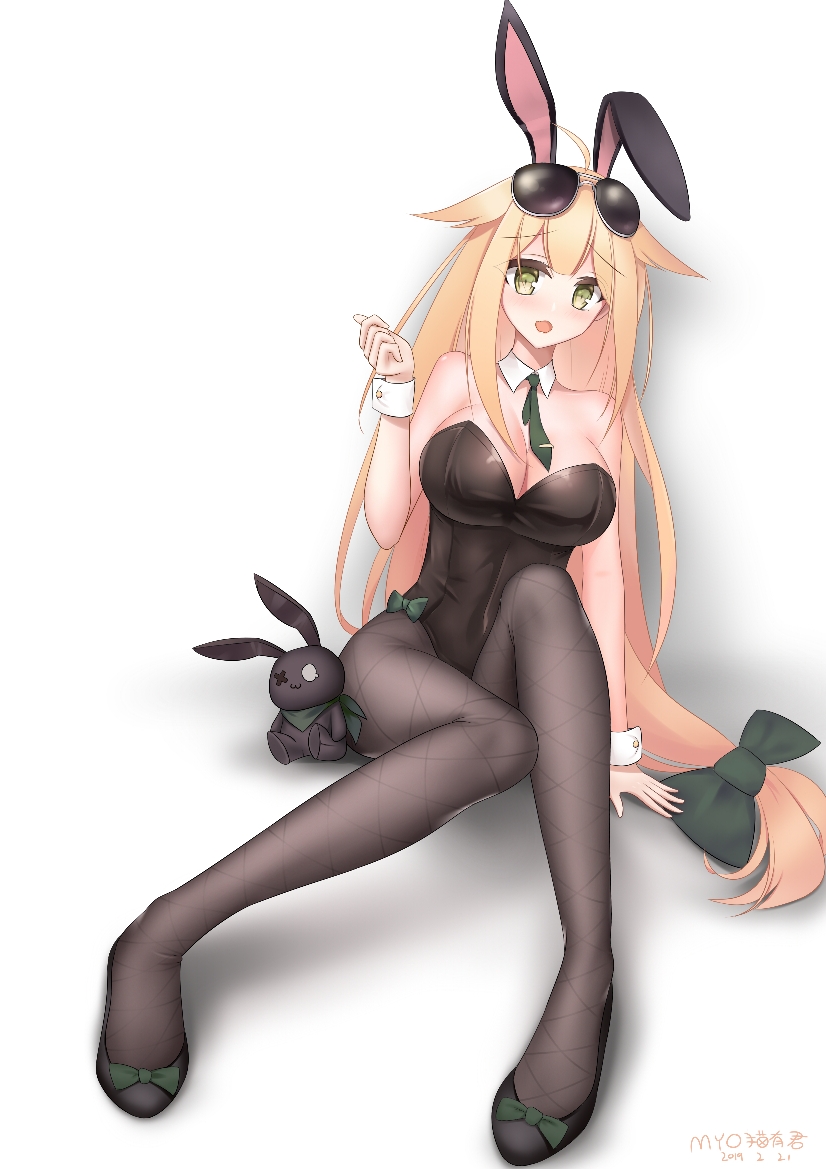 1girl, animal_ears, black_legwear, blonde_hair, breasts, bunny_girl, bunnysuit, commentary_request