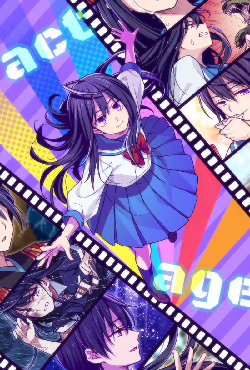 1girl, act-age, black_hair, bow, bowtie, bruise, clenched_teeth, copyright_name