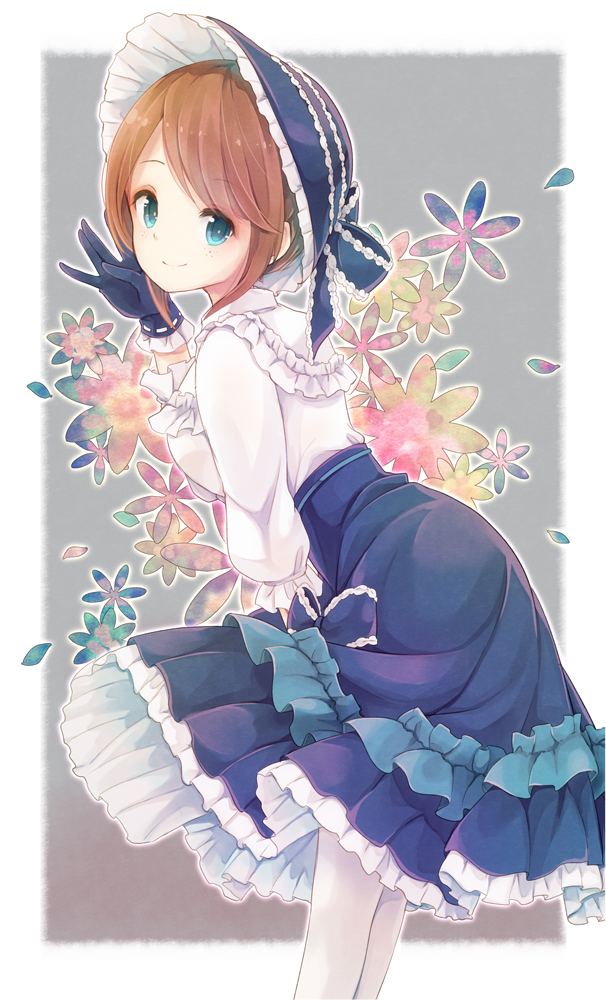 1girl, bangs, blue_bow, blue_eyes, blue_gloves, blue_headwear, blue_skirt, blush, bonnet, bow, brown_hair, closed_mouth, commentary_request, emma_woods, eyebrows_visible_through_hair, floral_background, frilled_shirt, frilled_shirt_collar, frills, gloves, grey_background, hand_up, high-waist_skirt, humanization, identity_v, leaning_forward, lolita_fashion, pantyhose, petals, ribbon-trimmed_gloves, ribbon_trim, shirt, sidelocks, skirt, smile, solo, standing, two-tone_background, white_background, white_legwear, white_shirt, yonema
