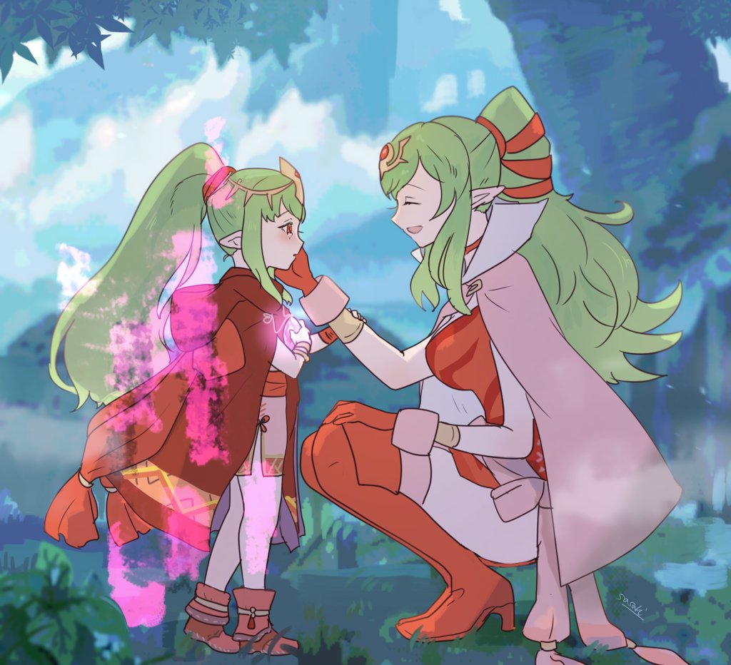 2girls, adult, aura, boots, breasts, cape, chiki, child