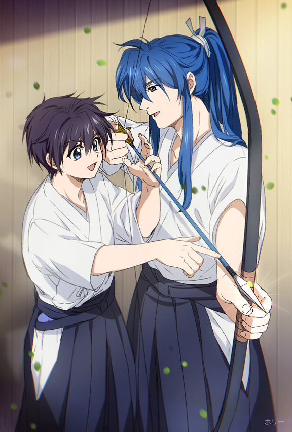 2boys, archery, arrow, artist_name, black_hair, blue_eyes, blue_hair, bow_(weapon)