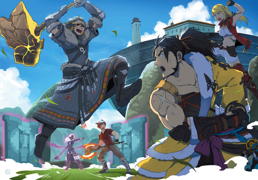 2girls, 3boys, animal_ears, armored_boots, arms_up, asymmetrical_clothes, attack, au_ra