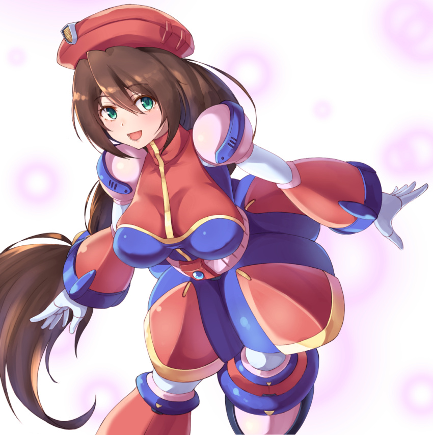 1girl, android, bangs, bent_over, beret, blush, breasts, brown_hair