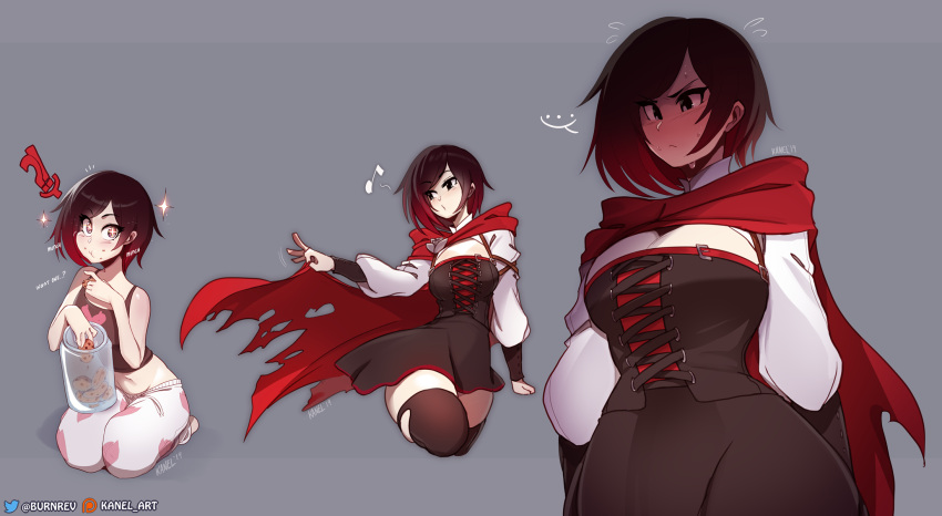 +_+, ..., 1girl, :<, :t, barefoot, black_hair, black_legwear, black_skirt, blush, breasts, camisole, cape, collage, cookie, cookie_jar, corset, food, food_on_face, full-face_blush, gradient_hair, grey_eyes, highres, inconvenient_breasts, kanel, kneeling, large_breasts, looking_at_viewer, multicolored_hair, navel, pajamas, patreon_username, red_cape, redhead, ruby_rose, rwby, short_hair, skirt, sparkle, thick_thighs, thigh-highs, thighs, torn_clothes, torn_legwear, twitter_username, two-tone_hair, zettai_ryouiki
