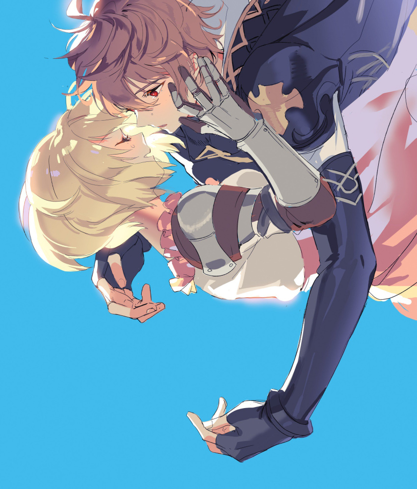 1boy, 1girl, armor, blonde_hair, blue_sky, blush, brown_hair, djeeta_(granblue_fantasy)