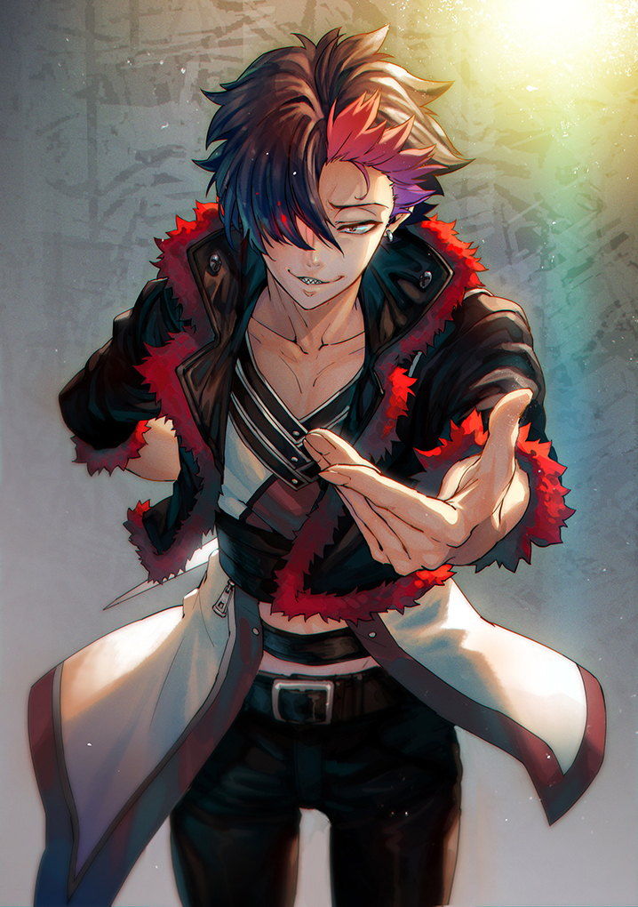 1boy, arm_behind_back, belt, belt_buckle, black_belt, black_eyes, black_hair, black_jacket, black_pants, buckle, collarbone, commentary_request, earrings, fur_trim, glowing, glowing_eye, hair_over_one_eye, holding, holding_knife, holding_weapon, hotaruika_niji, jacket, jewelry, knife, light, male_focus, multicolored_hair, original, outstretched_hand, pants, parted_lips, redhead, sharp_teeth, smile, solo, standing, teeth, tight, weapon, zipper, zipper_pull_tab