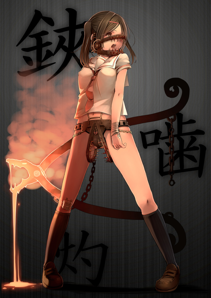 1girl, arm_behind_back, background_text, bandage_on_knee, bandaged_arm, bandages, bandaid, bangs, black_legwear, blood, blood_stain, breasts, brown_eyes, brown_footwear, brown_hair, chain, chastity_belt, dragon_head, eyebrows_visible_through_hair, full_body, glowing, hair_ornament, hairclip, headgear, heart, heart-shaped_lock, highres, kagamine-ikka, kneehighs, loafers, lock, looking_at_viewer, medium_breasts, melting, navel, neckerchief, no_pants, open_mouth, original, padlock, parted_bangs, pliers, red_neckwear, sailor_collar, school_uniform, serafuku, shirt, shoes, simple_background, skindentation, solo, spikes, spread_legs, standing, tongue, white_serafuku, white_shirt