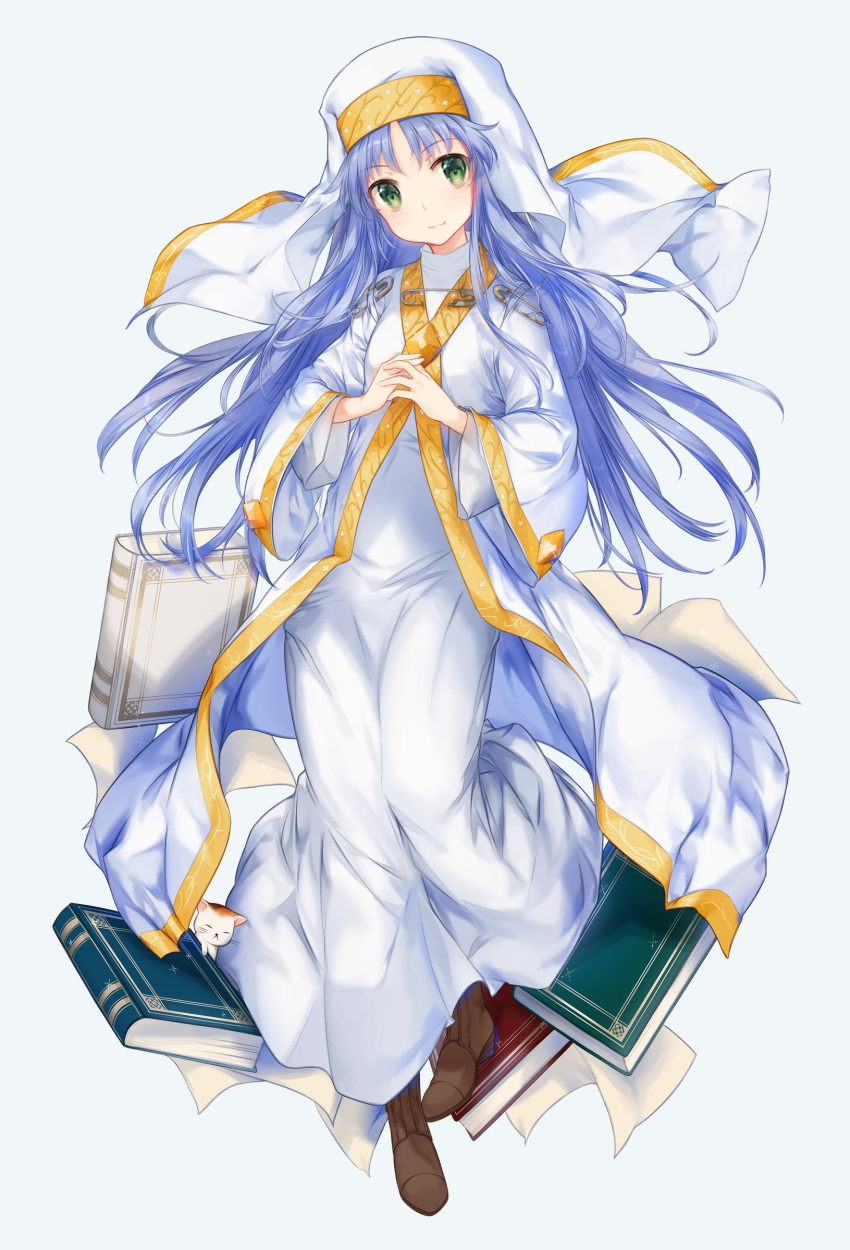1girl, blue_hair, book, cat, green_eyes, habit, highres, index