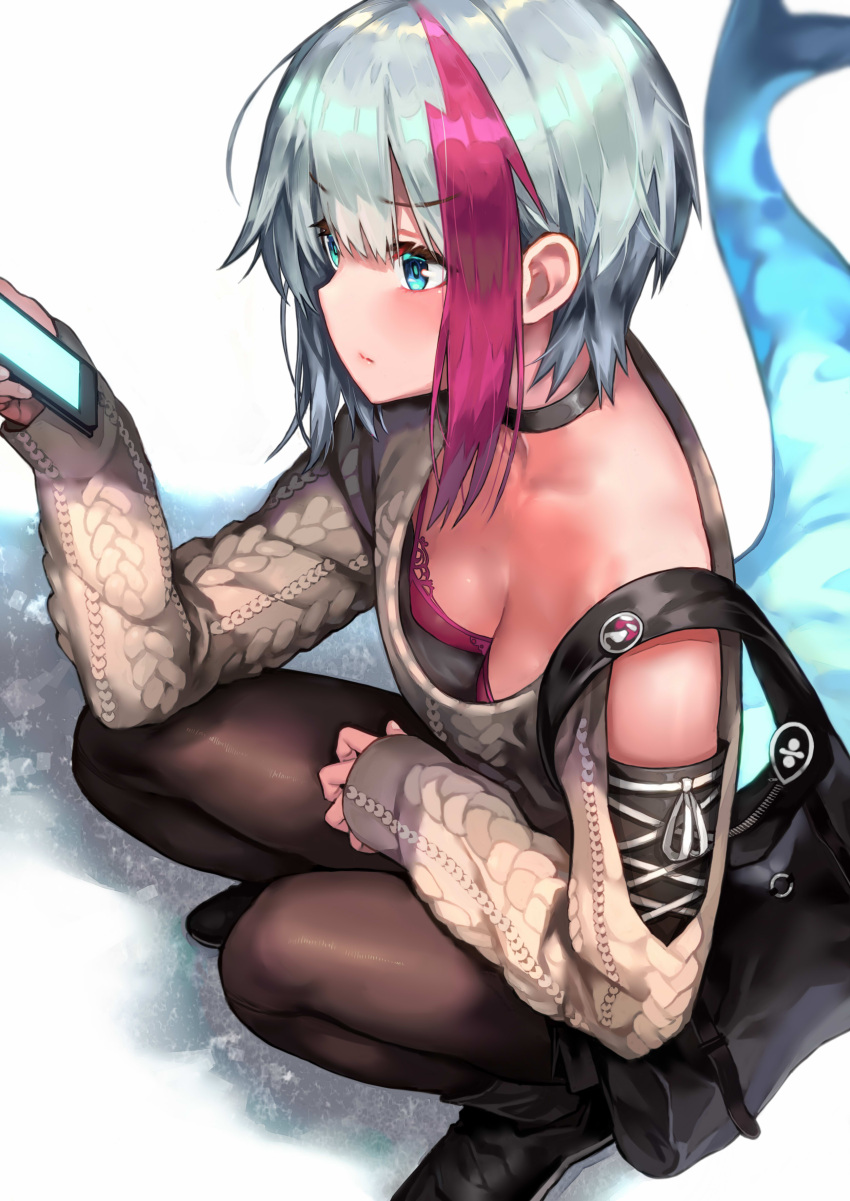 1girl, absurdres, admiral_graf_spee_(azur_lane), alternate_costume, aqua_hair, aran_sweater, azur_lane, bag, bangs, blue_eyes, blunt_bangs, blush, boots, breasts, closed_mouth, commentary_request, denchu_(kazudentyu), downblouse, eyebrows_visible_through_hair, fish_tail, handbag, highres, holding, holding_phone, long_sleeves, multicolored_hair, off-shoulder_sweater, off_shoulder, pantyhose, phone, purple_bra, red_streak, short_hair, sidelocks, silver_hair, small_breasts, solo, squatting, streaked_hair, sweater, tail, torn_clothes, torn_legwear