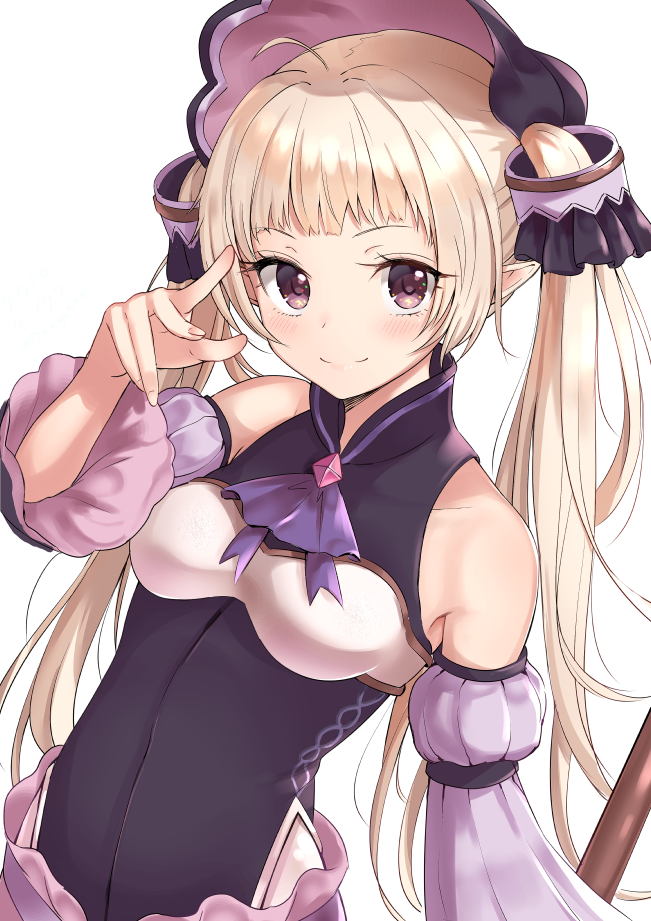 1girl, ahoge, ascot, bare_shoulders, black_shirt, blonde_hair, blush, breasts