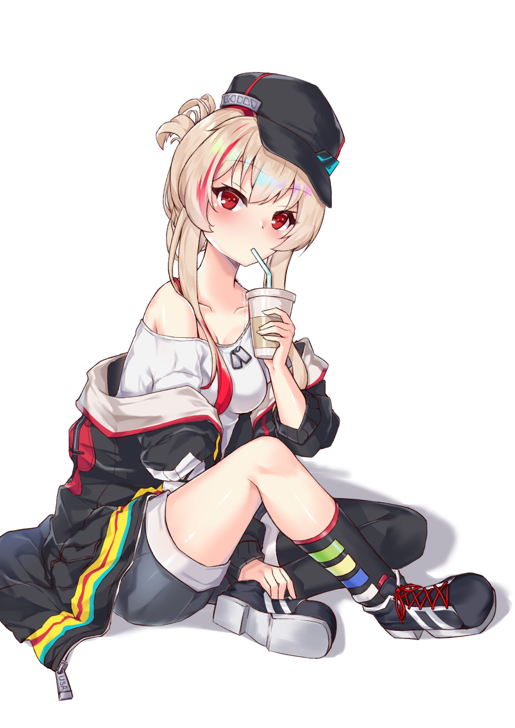 1girl, alternate_costume, baseball_cap, casual, cup, disposable_cup, dog_tags, drinking