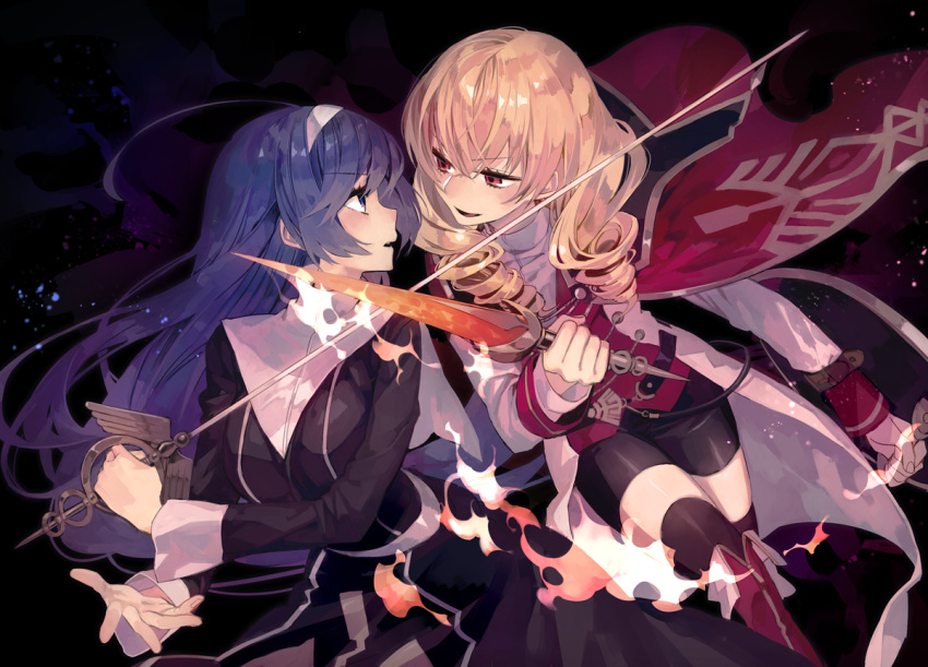 2girls, battle, black_legwear, blonde_hair, blue_eyes, blue_hair, boots, cape