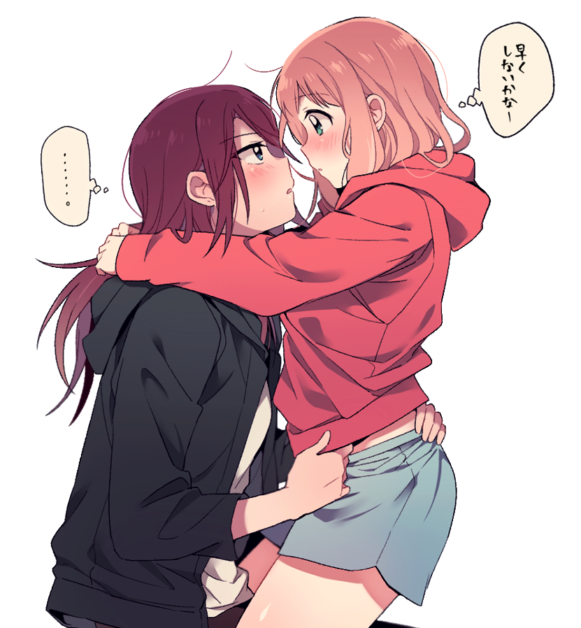 ..., 2girls, ahoge, bang_dream!, bangs, black_jacket, blue_eyes, blue_shorts