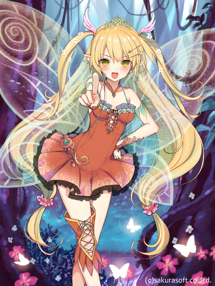 1girl, bare_shoulders, blonde_hair, blush, breasts, copyright_name, cowboy_shot, diadem