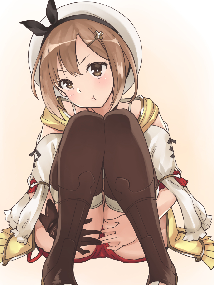 1girl, atelier_(series), atelier_ryza, bangs, brown_eyes, brown_hair, gloves, gradient, gradient_background, hair_ornament, hairclip, hat, highres, jewelry, looking_at_viewer, minazuki_minao, necklace, reisalin_stout, short_hair, short_shorts, shorts, simple_background, single_glove, sitting, solo, thigh-highs