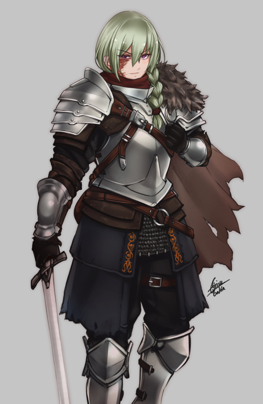 1girl, airisubaka, armor, artist_name, bandaged_ear, bandages, bangs, belt
