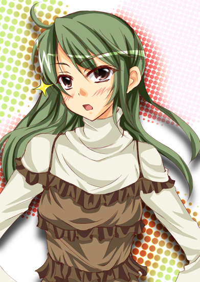 anti, blush, brown_eyes, frills, green_hair, long_hair, original, shirt