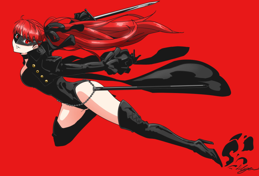 1girl, black_footwear, black_jacket, black_leotard, black_ribbon, boots, chain, floating_hair, full_body, hair_ribbon, high_heel_boots, high_heels, holding, holding_sword, holding_weapon, jacket, leotard, lilya_(lilya_litvak), long_hair, long_sleeves, looking_at_viewer, mask, open_clothes, open_jacket, parted_lips, persona, persona_5, persona_5_the_royal, ponytail, red_background, red_eyes, redhead, ribbon, sheath, shiny, shiny_hair, simple_background, solo, sword, thigh-highs, thigh_boots, unsheathed, very_long_hair, weapon, yoshizawa_kasumi