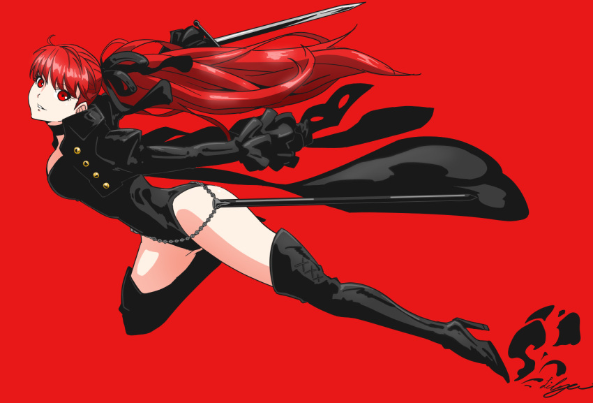 1girl, black_footwear, black_jacket, black_leotard, black_ribbon, boots, chain, choker, floating_hair, full_body, hair_ribbon, high_heel_boots, high_heels, holding, holding_mask, holding_sword, holding_weapon, jacket, leotard, lilya_(lilya_litvak), long_hair, long_sleeves, looking_at_viewer, mask, mask_removed, open_clothes, open_jacket, parted_lips, persona, persona_5, persona_5_the_royal, ponytail, red_background, red_eyes, redhead, ribbon, sheath, shiny, shiny_hair, simple_background, solo, sword, thigh-highs, thigh_boots, unsheathed, very_long_hair, weapon, yoshizawa_kasumi