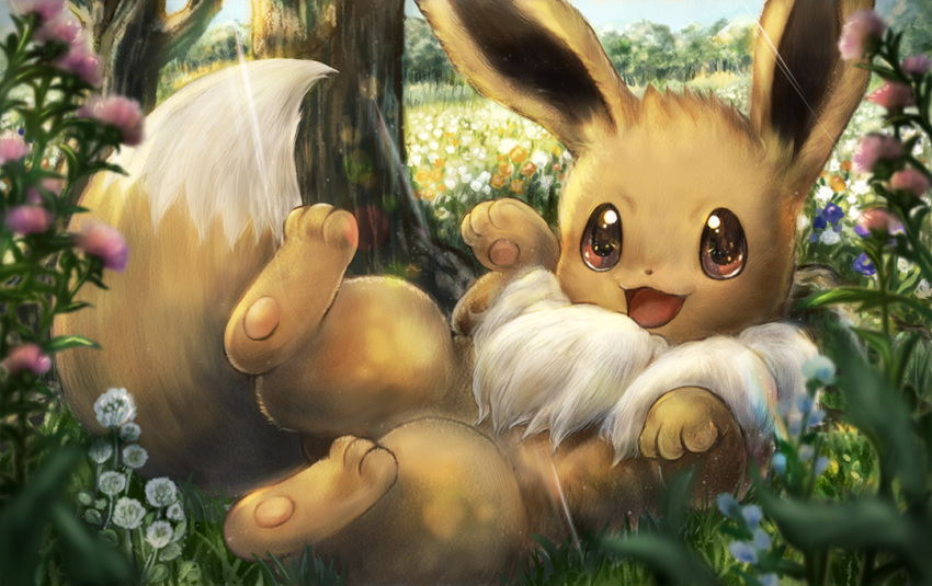 brown_eyes, day, eevee, flower, gen_1_pokemon, grass, momomo12, no_humans, outdoors, pink_flower, pokemon, pokemon_(creature), sunlight, white_flower