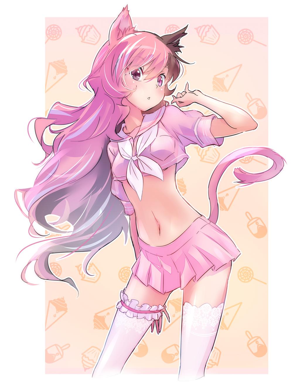 1girl, animal_ears, brown_eyes, brown_hair, cat_ears, cat_girl, cat_tail, crop_top