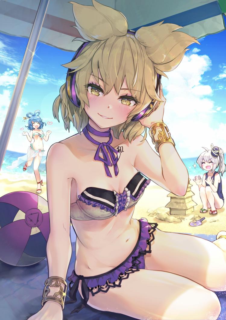 3girls, :d, ^_^, adapted_costume, ahoge, aqua_bikini, arm_support, ball