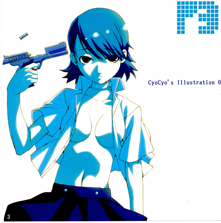 breasts, choker, evoker, gun, gun_to_head, handgun, highres, lace, monochrome, nael, navel, open_clothes, open_shirt, persona, persona_3, pistol, shirt, short_hair, skirt, takara_shinnosuke, takeba_yukari, tasaka_shinnosuke, weapon
