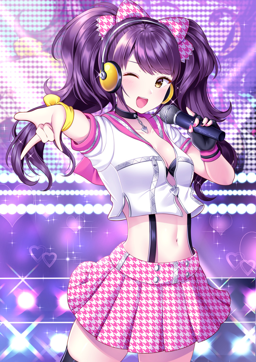 1girl, ;d, absurdres, black_bra, blush, bra, breasts, collar, collarbone, commentary_request, cowboy_shot, crop_top, eyebrows_visible_through_hair, hair_ornament, heart, highres, holding, holding_microphone, houndstooth, kujikawa_rise, long_hair, looking_at_viewer, medium_breasts, microphone, midriff, miniskirt, nabekokoa, navel, one_eye_closed, open_mouth, persona, persona_4, persona_4:_dancing_all_night, pink_skirt, pleated_skirt, purple_hair, school_uniform, shirt, skirt, smile, solo, suspenders, thigh-highs, twintails, two-tone_skirt, underwear, unmoving_pattern, white_shirt, white_skirt, wristband, zettai_ryouiki