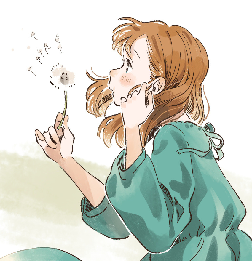 1girl, absurdres, bangs, blowing, blush, brown_hair, dandelion, dandelion_seed