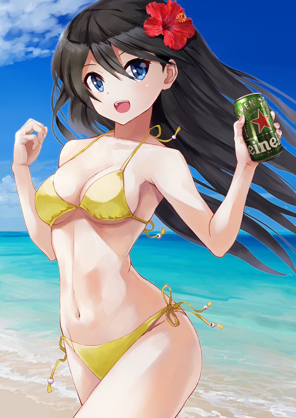 1girl, beach, beer_can, bikini, black_hair, blue_eyes, blue_sky, breasts