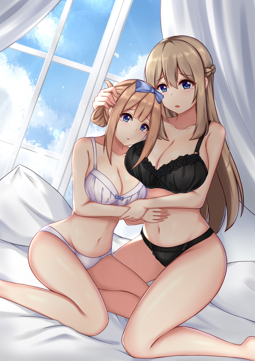 2girls, black_bra, black_panties, blonde_hair, blue_bow, blue_eyes, blue_sky, bow, bra, braid, breasts, brown_hair, collarbone, folded_ponytail, french_braid, hair_bow, highres, indoors, large_breasts, lexington_(warship_girls_r), long_hair, medium_breasts, multiple_girls, navel, on_bed, panties, phelps_(warship_girls_r), sidelocks, sky, underwear, underwear_only, warship_girls_r, white_bra, white_panties, window, xiao_qi
