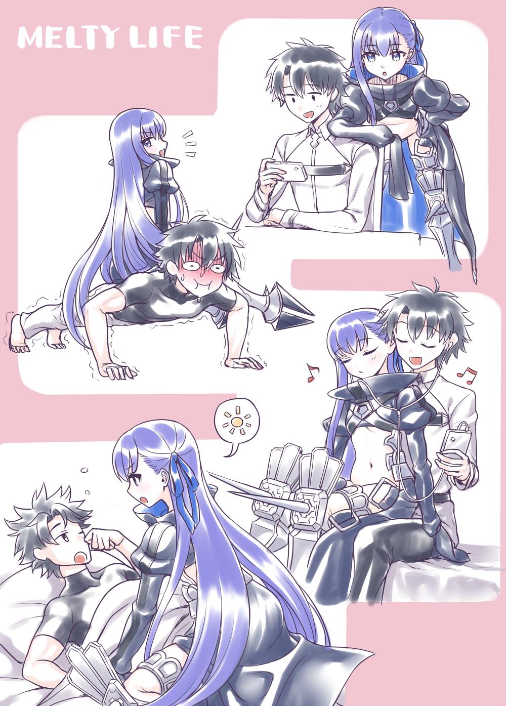 1boy, 1girl, black_hair, cellphone, earphones, earphones, exercise, fate/grand_order, fate_(series), fujimaru_ritsuka_(male), hair_ribbon, highres, long_hair, meltryllis, musical_note, navel, phone, purple_hair, push-ups, ribbon, shared_earphones, sitting, sitting_on_lap, sitting_on_person, smartphone, tanaka_gorbachev, very_long_hair