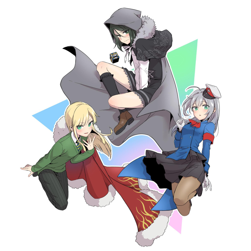 1boy, 2girls, add_(lord_el-melloi_ii), ahoge, black_hair, blonde_hair, blush, cape, cloak, cosplay, costume_switch, crossdressinging, fate/grand_order, fate_(series), fur_trim, gray_(lord_el-melloi_ii), gray_(lord_el-melloi_ii)_cosplay, green_eyes, grey_hair, highres, hood, hooded_cloak, lord_el-melloi_ii_case_files, multiple_girls, necktie, pants, pantyhose, pleated_skirt, reines_el-melloi_archisorte, reines_el-melloi_archisorte_(cosplay), skirt, waver_velvet, waver_velvet_(cosplay)