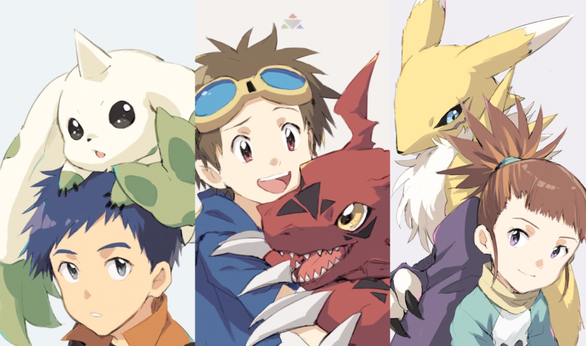 1girl, brown_eyes, brown_hair, closed_mouth, commentary_request, digimon, digimon_tamers, guilmon