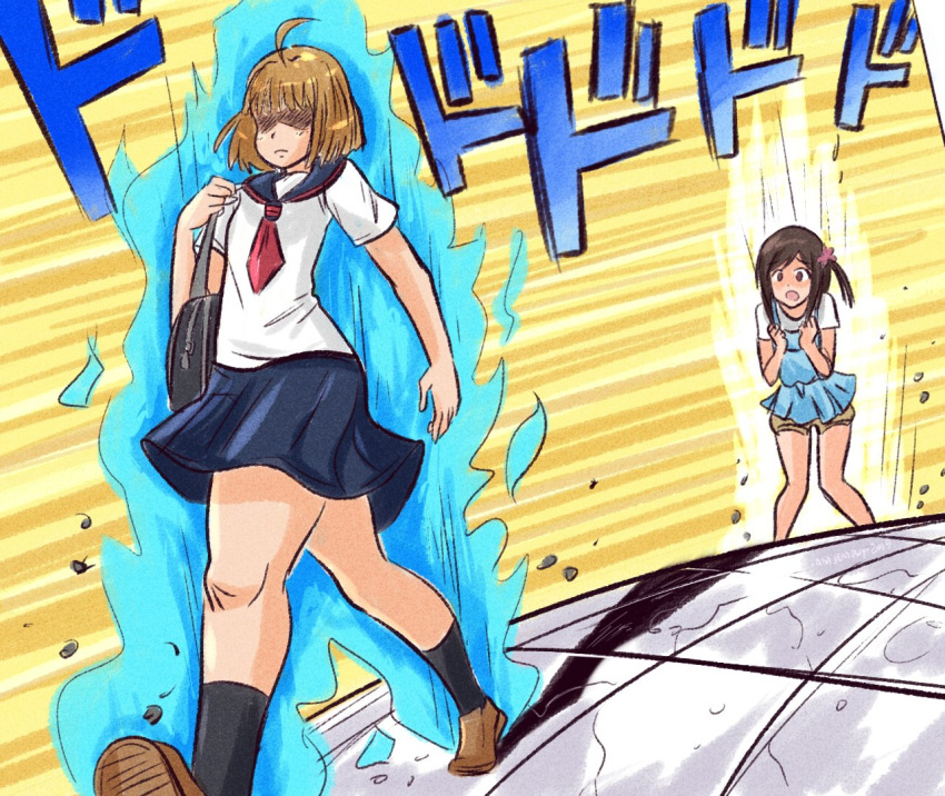 2girls, ahoge, aura, bag, brown_hair, cracked_floor, eyebrows_visible_through_hair, faceless