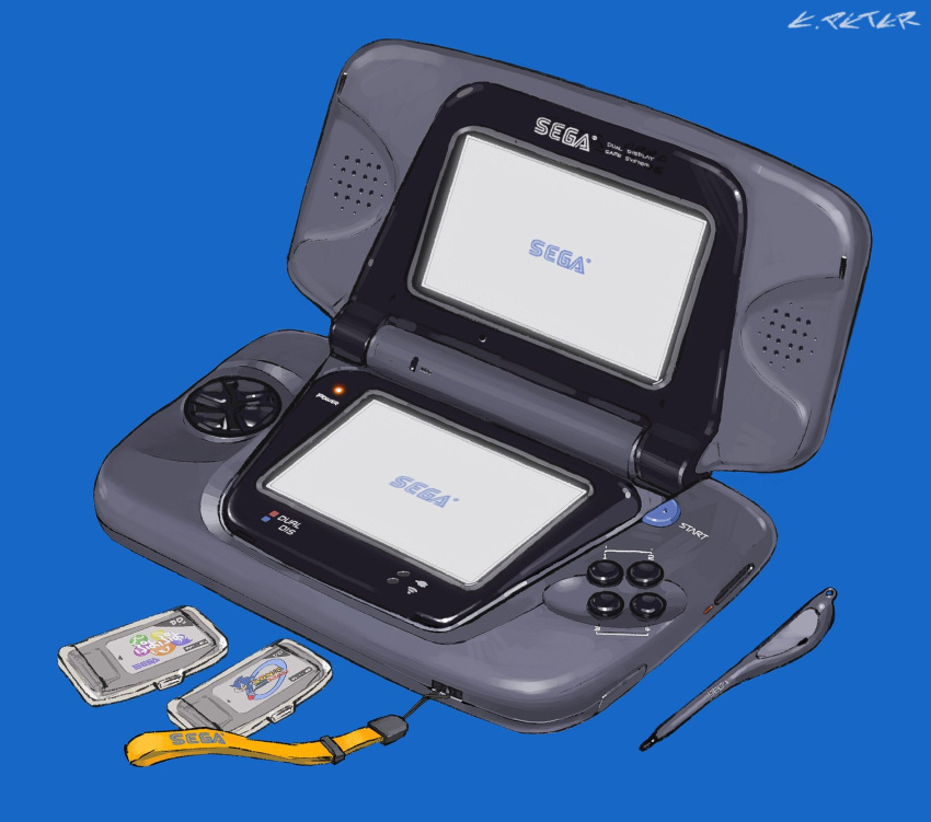 artist_name, blue_background, buttons, cartridge, commentary, fusion, handheld_game_console, highres, logo, nintendo, nintendo_ds, no_humans, peter_(peter6409), puyopuyo, sega, sega_game_gear, signature, sonic, sonic_(series), sonic_the_hedgehog, strap, stylus