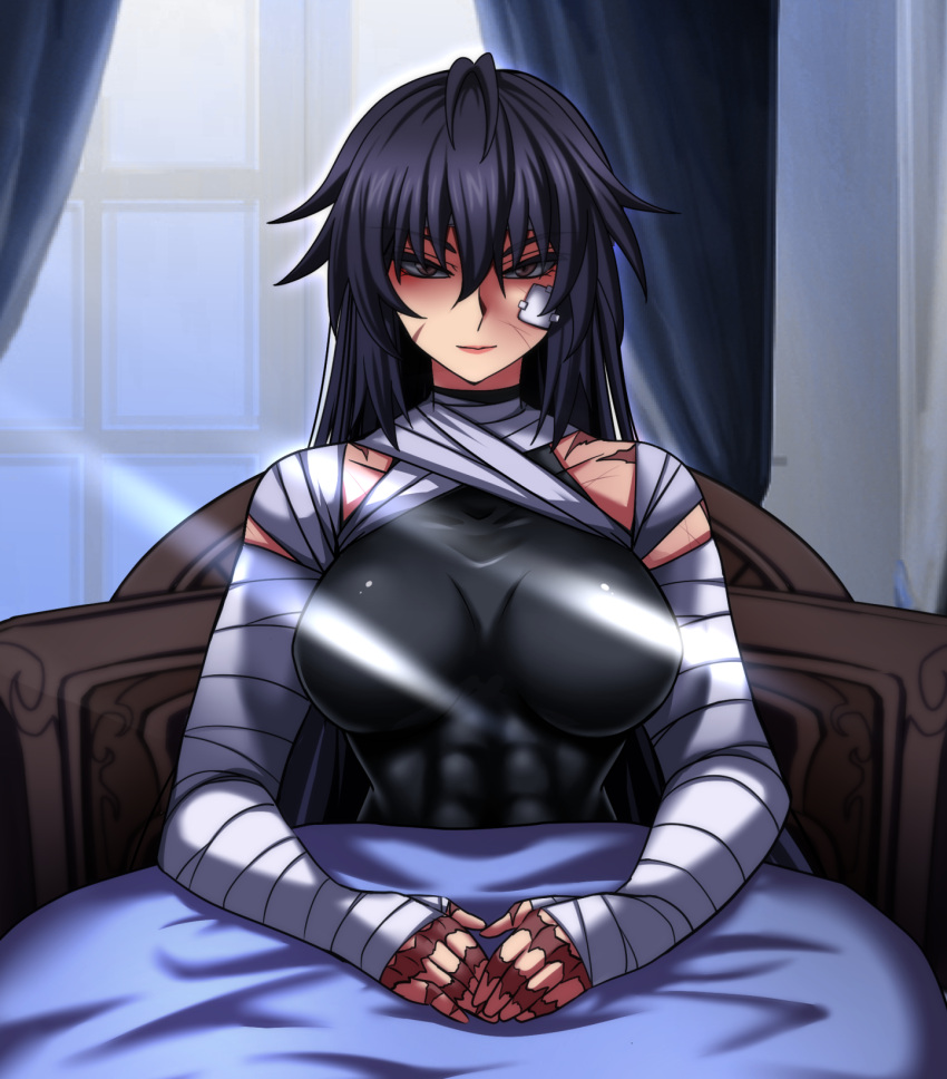 1girl, abs, animal_ears, antenna_hair, bandaged_arm, bandages, bandaid, bandaid_on_face