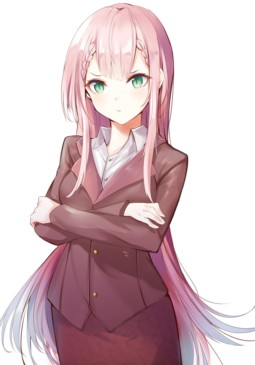 1girl, b_b_b_b66, bangs, blush, bokutachi_wa_benkyou_ga_dekinai, crossed_arms, green_eyes, highres