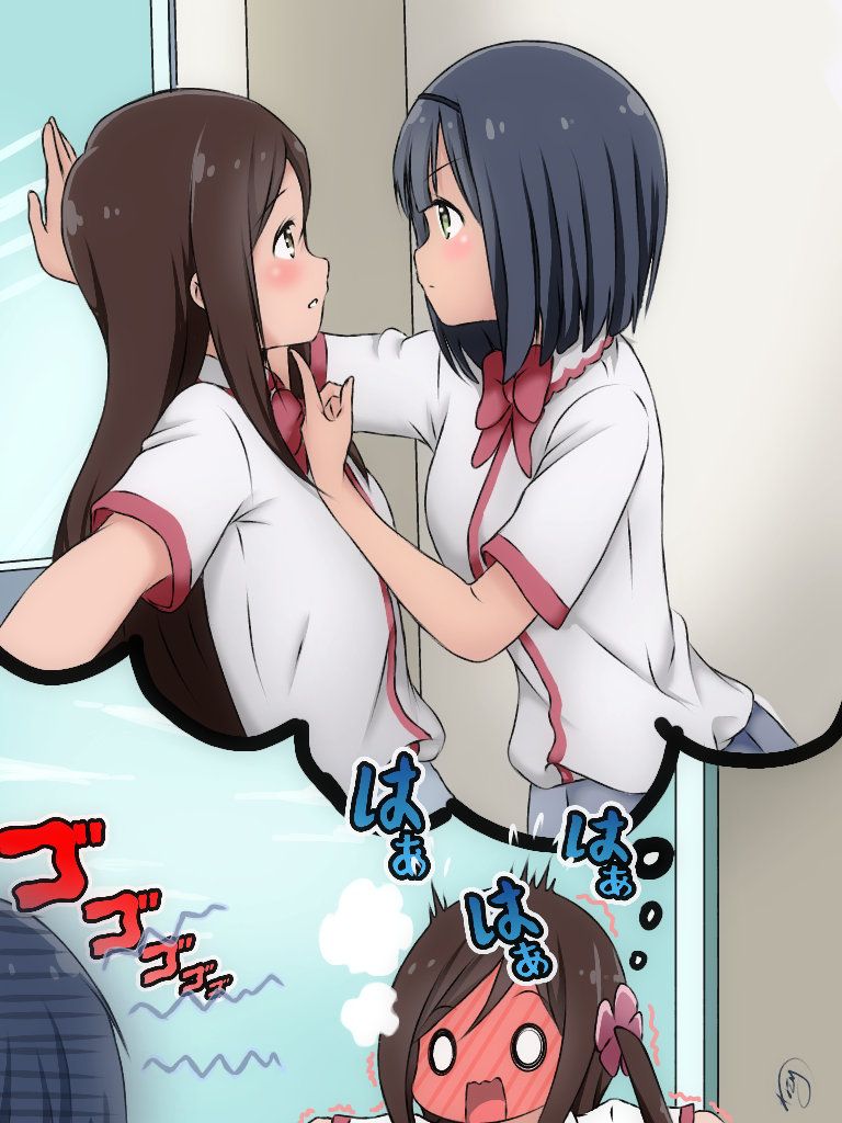 2girls, black_hair, blush, bow, bowtie, breasts, brown_eyes, brown_hair