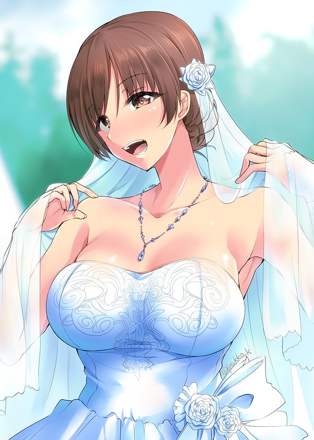 1girl, breasts, bridal_veil, brown_eyes, brown_hair, dress, idolmaster, idolmaster_cinderella_girls, jewelry, kirisaki_byakko, large_breasts, necklace, nitta_minami, open_mouth, solo, strapless, strapless_dress, twitter_username, veil