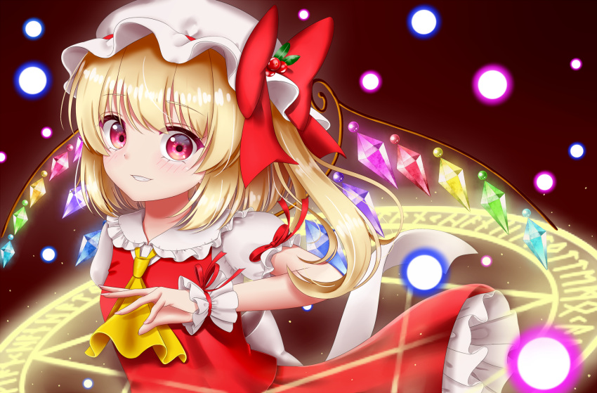 1girl, arm_up, blonde_hair, blush, commentary_request, cranberry, danmaku, eyebrows_visible_through_hair