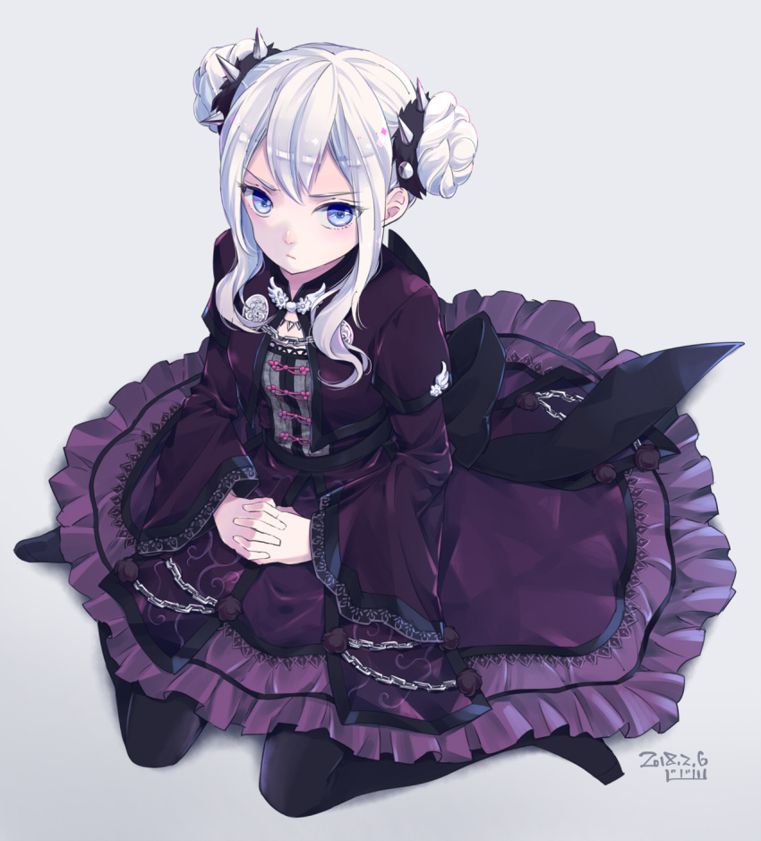 1girl, blue_eyes, breasts, chain, dated, dong_bai, double_bun, dress, frills, frown, full_body, grey_background, hair_bun, highres, long_sleeves, looking_at_viewer, purple_dress, saki_(hxaxcxk), sangoku_musou, sitting, wariza