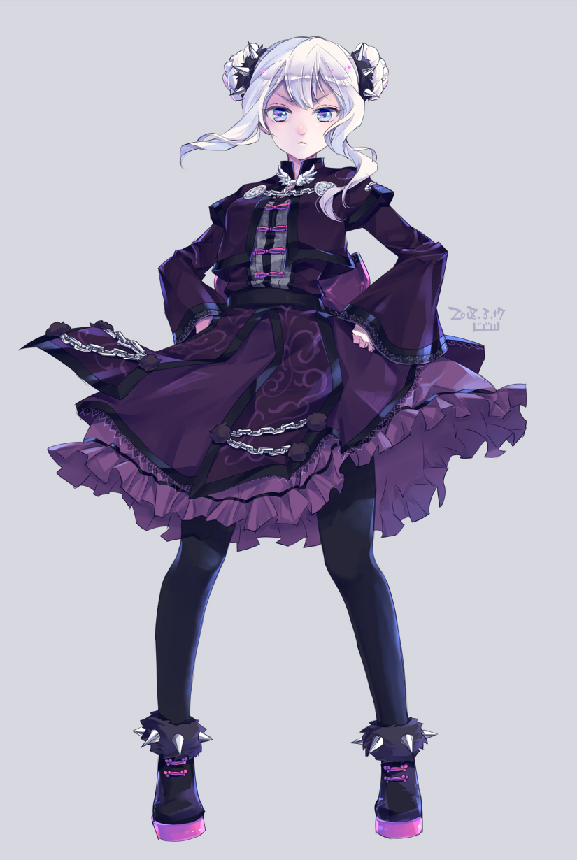 1girl, blue_eyes, breasts, chain, dated, dong_bai, double_bun, dress, frills, frown, full_body, grey_background, hair_bun, hands_on_hips, highres, long_sleeves, looking_at_viewer, pantyhose, purple_dress, saki_(hxaxcxk), scrunchie, shin_sangoku_musou, sidelocks, silver_hair, simple_background, small_breasts, solo, spikes, standing