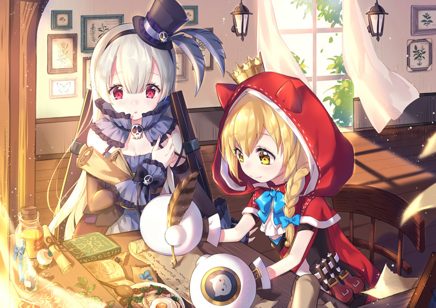 2girls, animal_ears, blonde_hair, bodach, book, braid, chinese_commentary, commentary_request, crown, dust_particles, eyebrows_visible_through_hair, fake_animal_ears, food, frills, gloves, gothic_lolita, hairband, han-gyaku-sei_million_arthur, hat, hood, indoors, lolita_fashion, long_hair, million_arthur_(series), mini_hat, multiple_girls, quill, red_eyes, renkin_arthur, scroll, silver_hair, sitting, window, writing, yellow_eyes, yuzhi