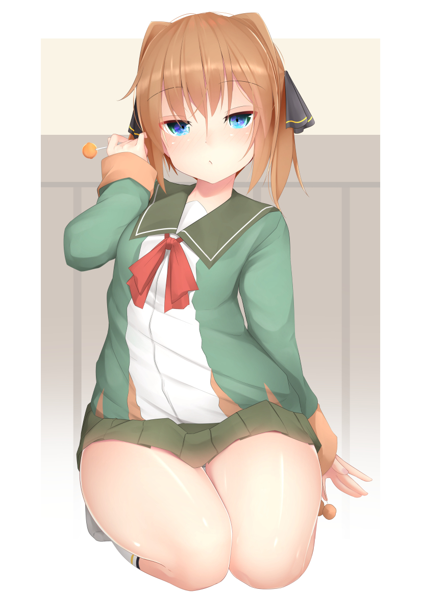 1girl, bangs, black_ribbon, blue_eyes, blush, brown_hair, candy, closed_mouth