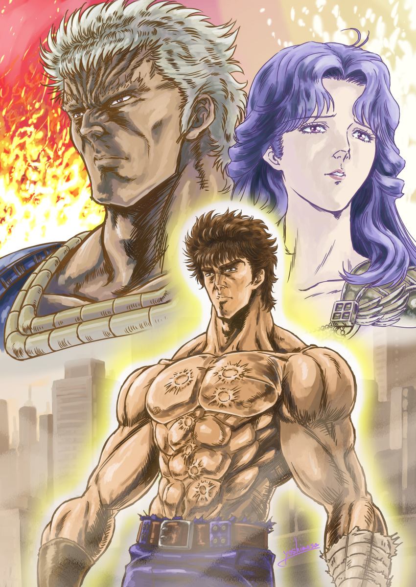 1girl, 2boys, absurdres, bandaged_arm, bandages, blue_pants, brown_hair, collarbone, highres, hokuto_no_ken, kenshirou, male_focus, multiple_boys, muscle, pants, parted_lips, purple_hair, raou_(hokuto_no_ken), scar, signature, silver_hair, yoshinaga_masahiro, yuria_(hokuto_no_ken)