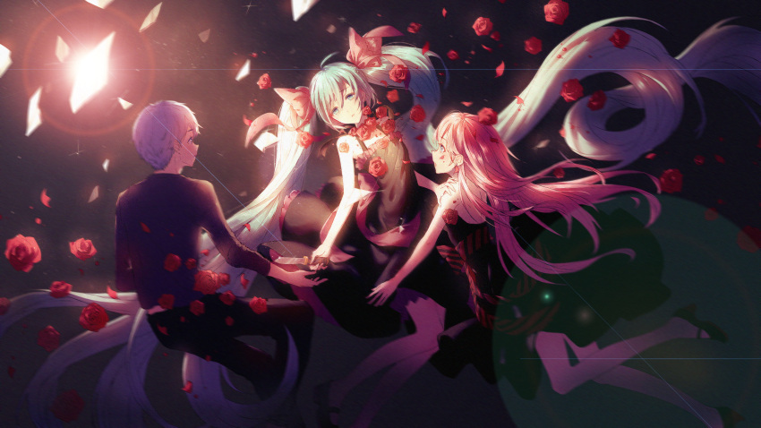1boy, 2girls, absurdly_long_hair, absurdres, acute_(vocaloid), black_dress, black_footwear, black_pants