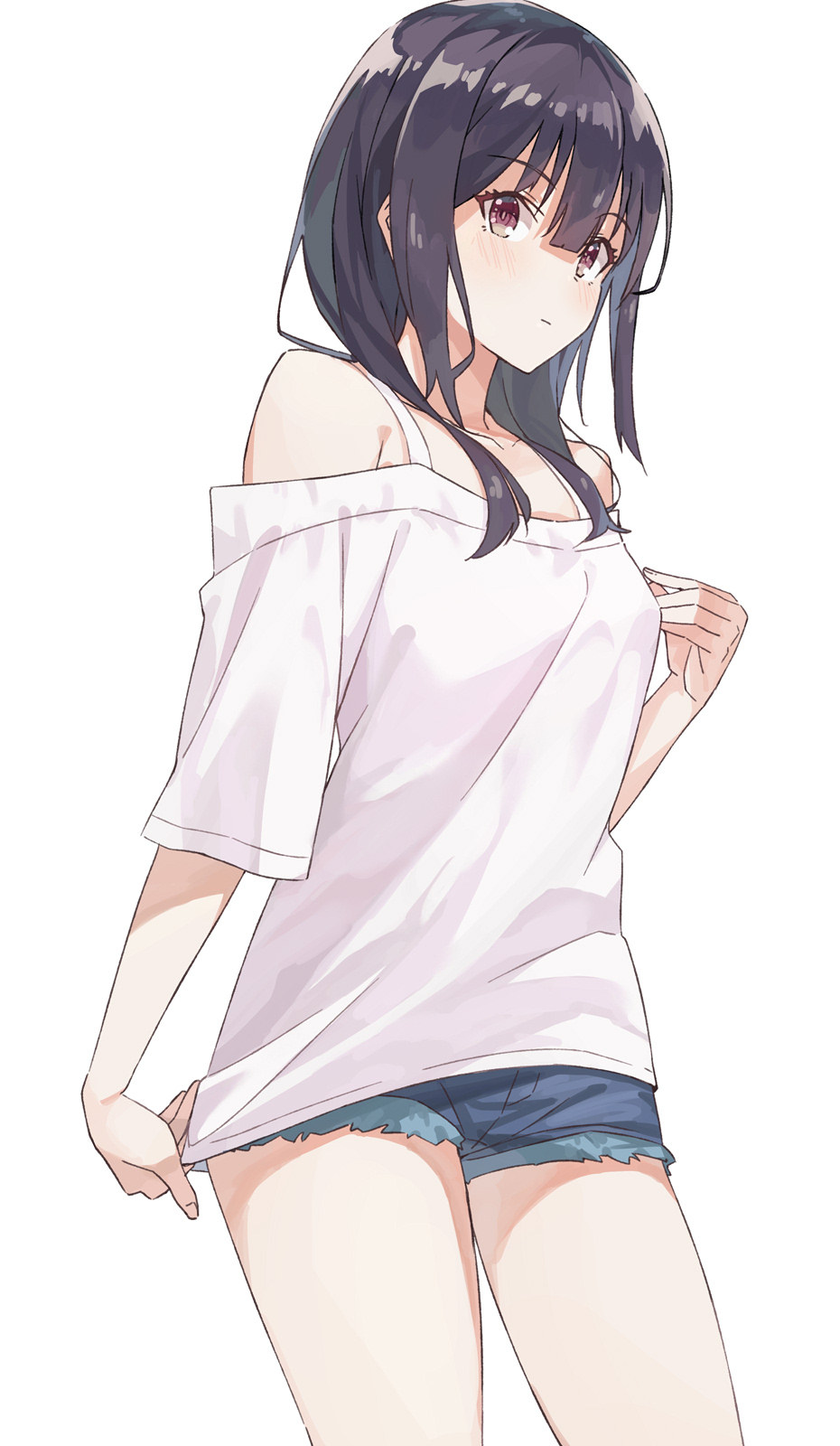 1girl, bangs, bare_legs, bare_shoulders, black_hair, blush, breasts, camisole, casual, closed_mouth, denim, denim_shorts, expressionless, fingernails, hair_between_eyes, hand_up, head_tilt, highres, koh_rd, long_hair, looking_at_viewer, medium_breasts, off-shoulder_shirt, off_shoulder, original, shadow, shiny, shiny_hair, shirt, short_shorts, short_sleeves, shorts, simple_background, solo, spaghetti_strap, standing, violet_eyes, white_background, white_shirt