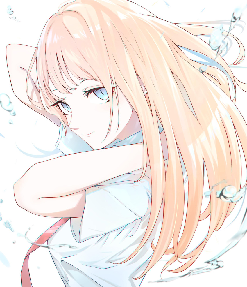 1girl, absurdres, bangs, blonde_hair, blue_eyes, breasts, bubble_background, closed_mouth