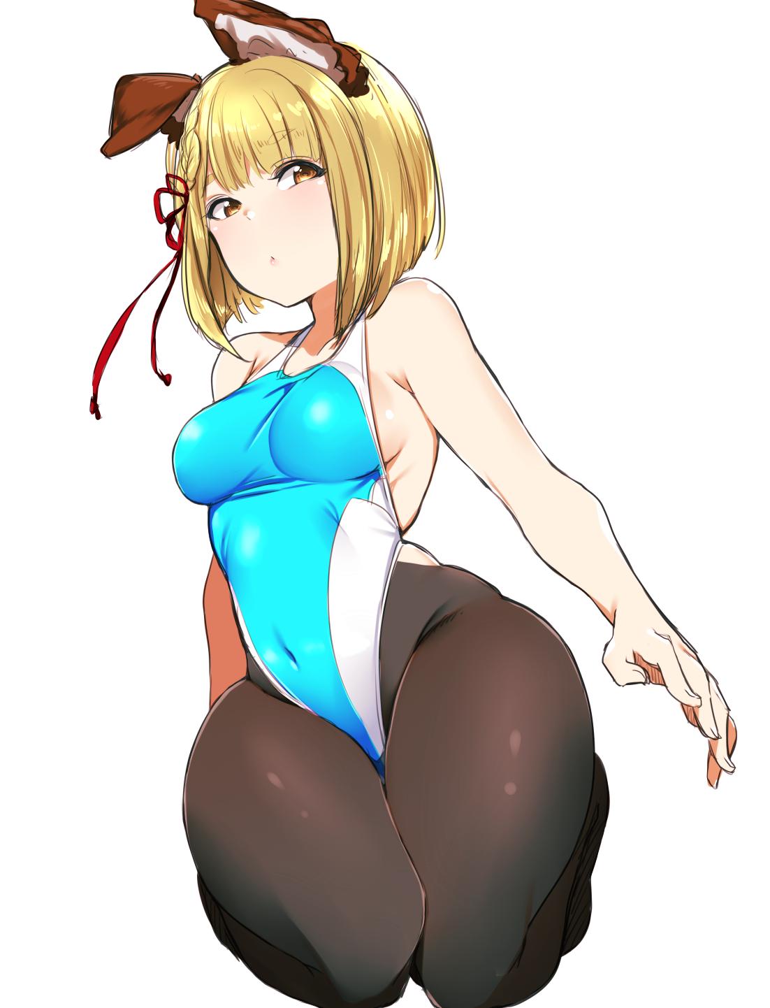 1girl, animal_ears, bangs, bare_arms, bare_shoulders, black_legwear, blonde_hair, bob_cut